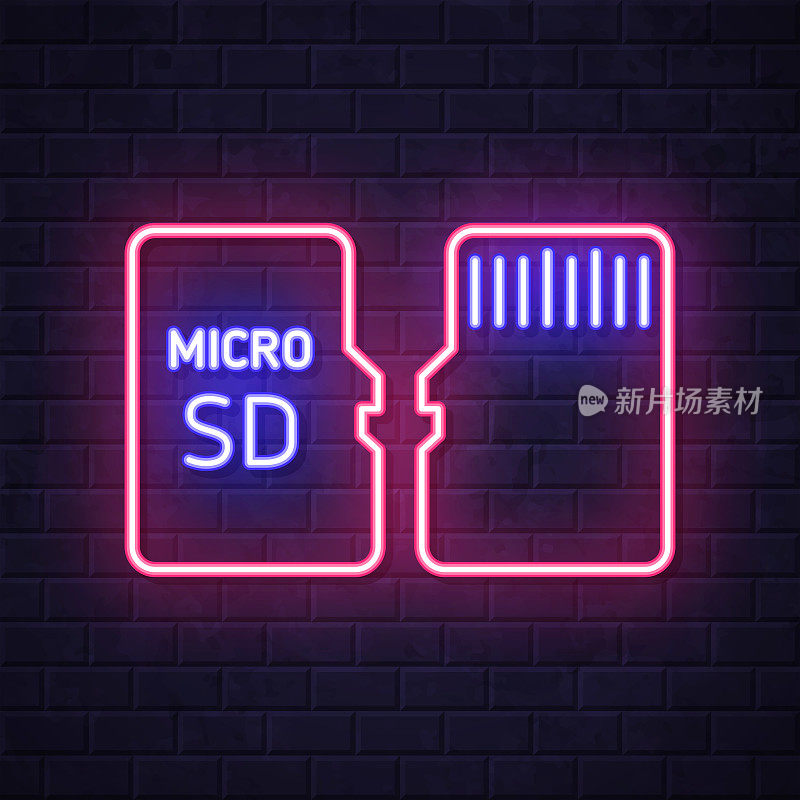 Micro SD卡-前后视图。在砖墙背景上发光的霓虹灯图标